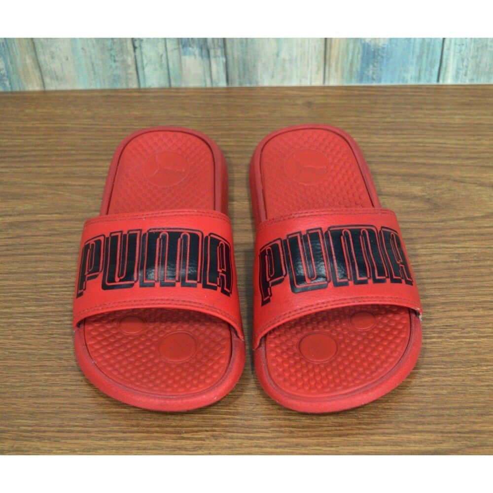PUMA Kids Slides Sandals Youth Size 2C Red Black Logo Cool Cat High Risk Red